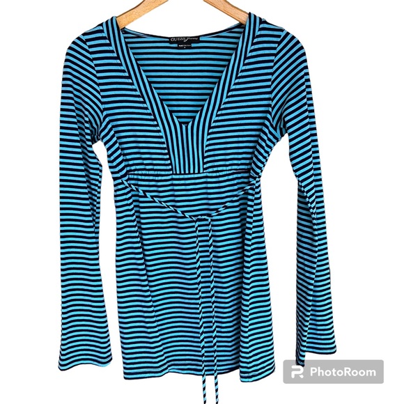 Guess Woman’s Top Blue Striped A Line Fit with Tie Long Flare Sleeves Size M - Picture 1 of 12